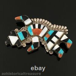 Theodore Edaakie Native American Zuni Silver Multi-stone Inlay Rainbow Man Pin