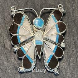 Thomasine Shack Attr Zuni Big Butterfly Sterling Silver Brooch Turquoise Vintage