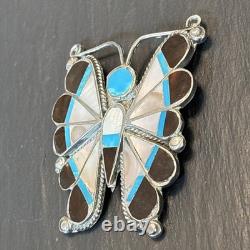 Thomasine Shack Attr Zuni Big Butterfly Sterling Silver Brooch Turquoise Vintage