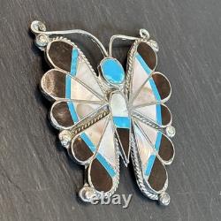 Thomasine Shack Attr Zuni Big Butterfly Sterling Silver Brooch Turquoise Vintage