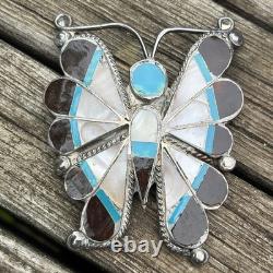 Thomasine Shack Attr Zuni Big Butterfly Sterling Silver Brooch Turquoise Vintage
