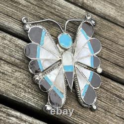 Thomasine Shack Attr Zuni Big Butterfly Sterling Silver Brooch Turquoise Vintage