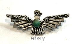 Thunderbird Turquoise Green Fred Harvey Era 925 Sterling Silver Brooch Vintage