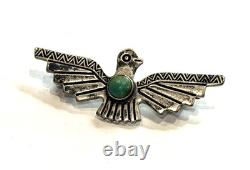 Thunderbird Turquoise Green Fred Harvey Era 925 Sterling Silver Brooch Vintage