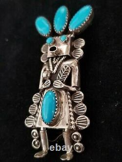 Toby Henderson Kachina Sterling Silver Turquoise Pin Brooch Pendant 17.6 Grams