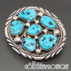 Tommy Moore Navajo Sterling Silver Kingman Turquoise Cluster Oval Brooch Pin