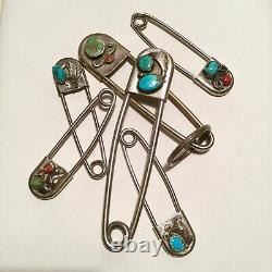 Turquoise + Coral Risdon Safety Pin, Sterling Bezel, 4 1/2, Lapel Pin, Keychain
