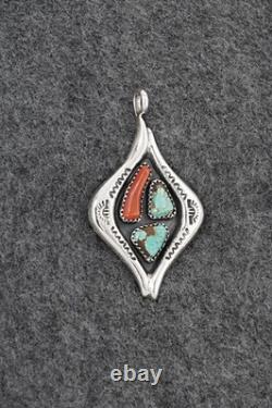 Turquoise, Coral & Sterling Silver Pendant Wilbur Iule