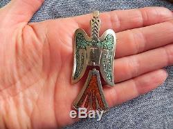 Turquoise Coral chip inlay Sterling Silver PEYOTE BIRD Pendant/Pin Tommy Singer