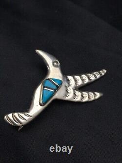 Turquoise Hummingbird Inlay Pin Navajo Sterling Silver 2903 Rare