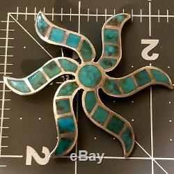 Turquoise Pin Brooch Sterling Channel Inlay Swirling Star Sun Unsigned VTG ZUNI