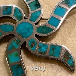 Turquoise Pin Brooch Sterling Channel Inlay Swirling Star Sun Unsigned VTG ZUNI