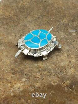 Turquoise ZUNI Turtle Pin Pendant Native American Sterling Silver Set 2806