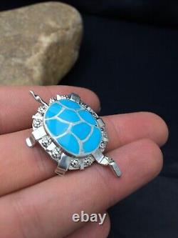 Turquoise ZUNI Turtle Pin Pendant Native American Sterling Silver Set 2806