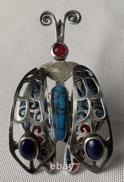 UNIQUE Vintage Native American Sterling Silver Turquoise Lapis Coral Bug Brooch