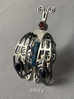 UNIQUE Vintage Native American Sterling Silver Turquoise Lapis Coral Bug Brooch