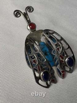 UNIQUE Vintage Native American Sterling Silver Turquoise Lapis Coral Bug Brooch