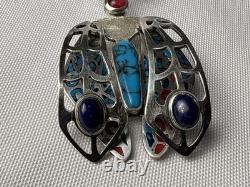UNIQUE Vintage Native American Sterling Silver Turquoise Lapis Coral Bug Brooch