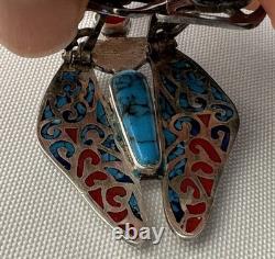 UNIQUE Vintage Native American Sterling Silver Turquoise Lapis Coral Bug Brooch