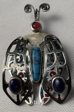 UNIQUE Vintage Native American Sterling Silver Turquoise Lapis Coral Bug Brooch