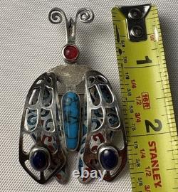 UNIQUE Vintage Native American Sterling Silver Turquoise Lapis Coral Bug Brooch