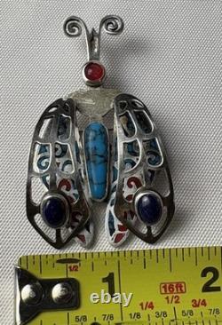 UNIQUE Vintage Native American Sterling Silver Turquoise Lapis Coral Bug Brooch