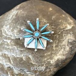 US Native Blue Turquoise Needle Point Zuni Sterling Silver Pin Pendant 17846