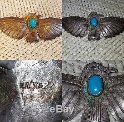 Uita22 Navajo Sterling Silver Firebird Pin Natural Turquoise Stone Circs 1930's