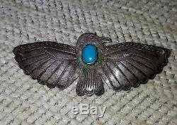 Uita22 Navajo Sterling Silver Firebird Pin Natural Turquoise Stone Circs 1930's