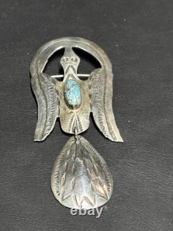 Unique Native American 925 Sterling Silver And Turquoise Stylised Bird Brooch