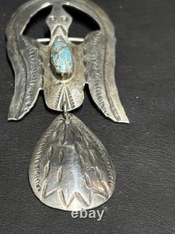 Unique Native American 925 Sterling Silver And Turquoise Stylised Bird Brooch