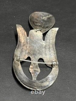 Unique Native American 925 Sterling Silver And Turquoise Stylised Bird Brooch