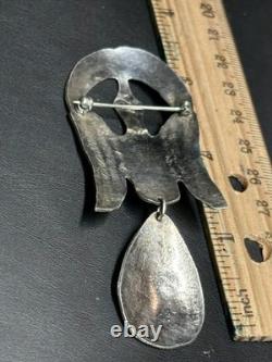 Unique Native American 925 Sterling Silver And Turquoise Stylised Bird Brooch