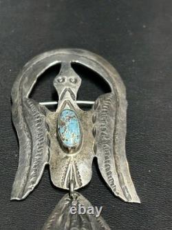 Unique Native American 925 Sterling Silver And Turquoise Stylised Bird Brooch