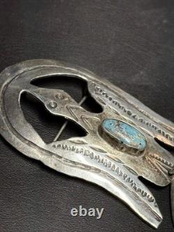 Unique Native American 925 Sterling Silver And Turquoise Stylised Bird Brooch