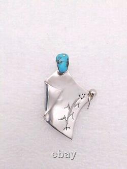 Unique Native American Sterl Silver Morenci Turquoise Blanket Shaman Pin Pendant