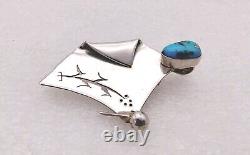 Unique Native American Sterl Silver Morenci Turquoise Blanket Shaman Pin Pendant