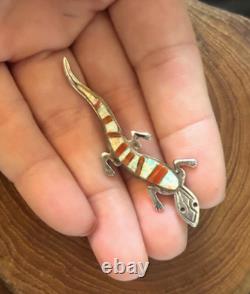 Unique Vintage Native American CB Lizard Inlay Lizard Pin Red Coral & Fire Opal