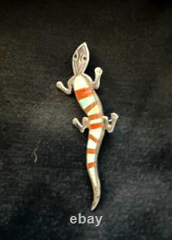 Unique Vintage Native American CB Lizard Inlay Lizard Pin Red Coral & Fire Opal