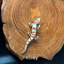 Unique Vintage Native American CB Lizard Inlay Lizard Pin Red Coral & Fire Opal