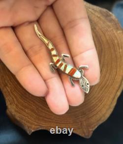 Unique Vintage Native American CB Lizard Inlay Lizard Pin Red Coral & Fire Opal