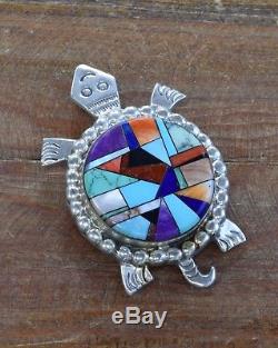 Unique Vintage Navajo Sterling Silver Multi-Stone Inlay Turtle Pin/Pendant