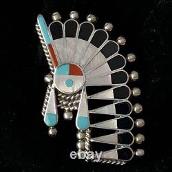 Unique Zuni Inlay Multi Stone Sterling Silver Pin Pendant Sun Face Indian Chief