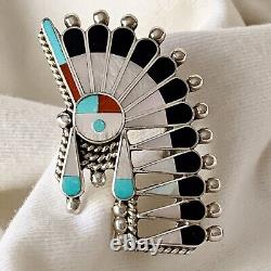 Unique Zuni Inlay Multi Stone Sterling Silver Pin Pendant Sun Face Indian Chief