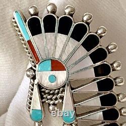 Unique Zuni Inlay Multi Stone Sterling Silver Pin Pendant Sun Face Indian Chief