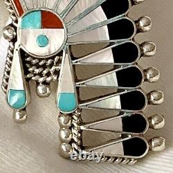 Unique Zuni Inlay Multi Stone Sterling Silver Pin Pendant Sun Face Indian Chief