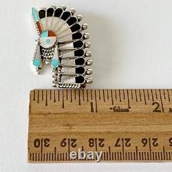 Unique Zuni Inlay Multi Stone Sterling Silver Pin Pendant Sun Face Indian Chief