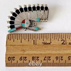 Unique Zuni Inlay Multi Stone Sterling Silver Pin Pendant Sun Face Indian Chief