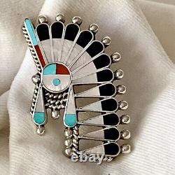 Unique Zuni Inlay Multi Stone Sterling Silver Pin Pendant Sun Face Indian Chief