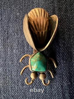 Unusual Native American Silver Bug Brooch Pin Turquois Hexagon Stamp Work Insect